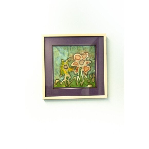 Vtg Tie-Dyed Fabric Art Abstract 2 Flowers and Grass Scene Purple Matting Artist